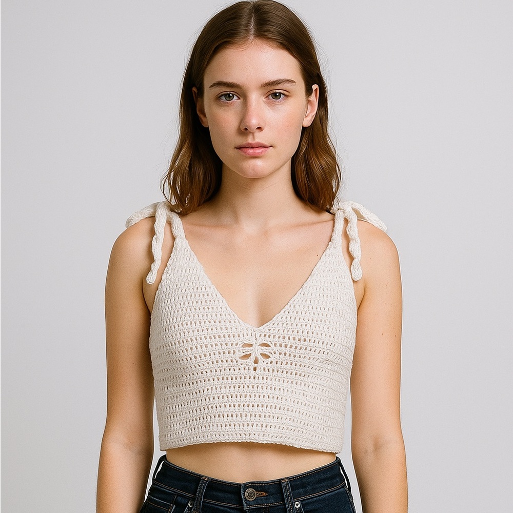 Handmade Medium Crochet Crop Top White Sleeveless dragonfly design